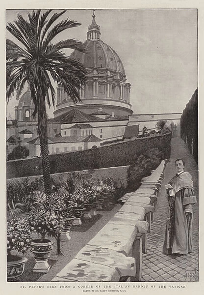 St Peters seen from a Corner of the Italian Garden of the Vatican (litho)