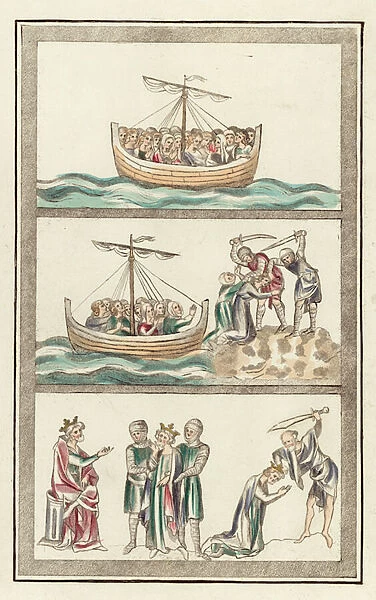 St Ursula with her virgin companions, St Ursulas martyrdom, Martyrdom of St Alban (coloured engraving)