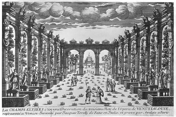 Stage design by Giacomo Torelli (1608-78) for the opera Venere Gelosa performed