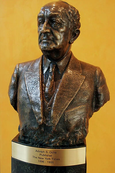 Statue of Adolph Simon Ochs (b. March 12, 1858-April 8, 1935) in the lobby of the New York Times Building designed by architect Renzo Piano. Adolph S. Ochs was an American newspaper publisher and former owner of The New York Times