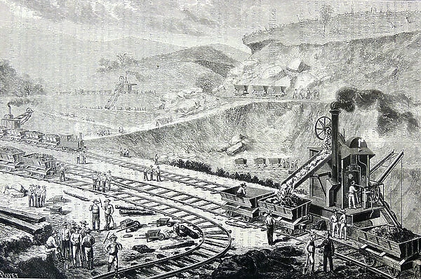 Steam-powered earth excavator being used during the French Panama Canal Company's attempt to build the canal 1880-c1890. Enterprise led by Ferdinand de Lesseps. Engraving from ''La Nature'', Paris, 1888