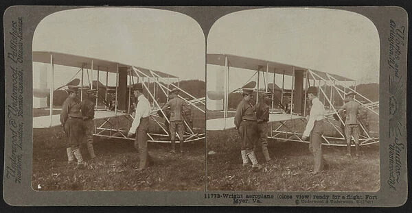 Stereoscopic card of Wright aeroplane ready for a flight at Fort Myer, Virginia, c. 1915 (b  /  w photo)