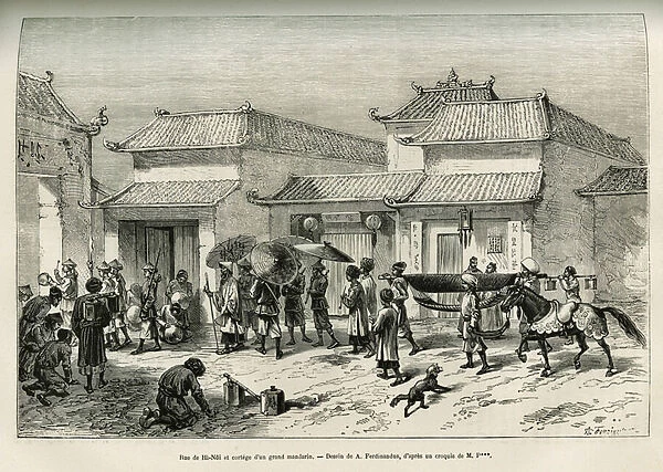 A street in Hanoi (Vietnam) and the cortege of a large mandarin, drawing by A. Ferdinandus, to illustrate the story of M. Romanet du Caillaud: The conquete of the Tong King Delta (or Tonkin), in 1873