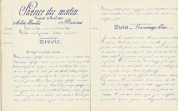 Student notebook: grammar homework, dictation 'The blue tit' (continued), 1882 (handwritten)