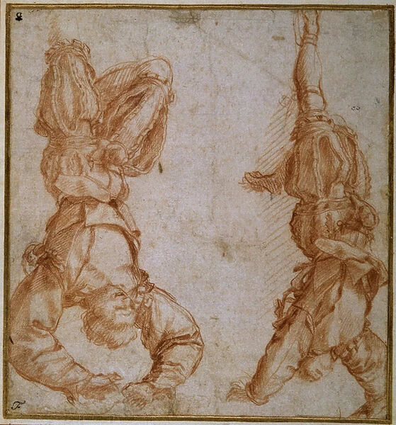 Two studies of a man suspended by his left leg (red chalk on cream paper)