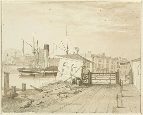 Subsidance of Toll House, on Prince Street Bridge, 1828 (pencil & w  /  c on paper)