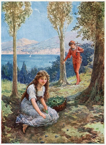 Suddenly he stopped and gazed in rapture, from Italian Fairy Tales, by Lilia E. Romano, published by Raphael Tuck & Sons (colour litho)