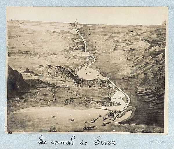 The Suez Canal (Egypt) - Engraving an air view from the Red Sea, with the Bitter Lakes and Lake Timsah, to the Mediterranean coast - second half of the 19th century