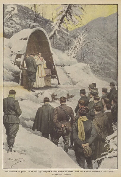 On a Sunday of war, among the snows, the gunners of a battery of mortars listen to Mass... (colour litho)