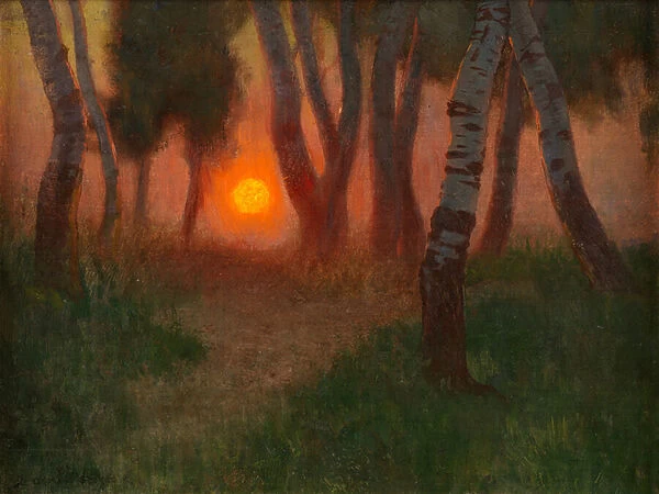 Sunset in a Wooded Landscape (oil on panel)