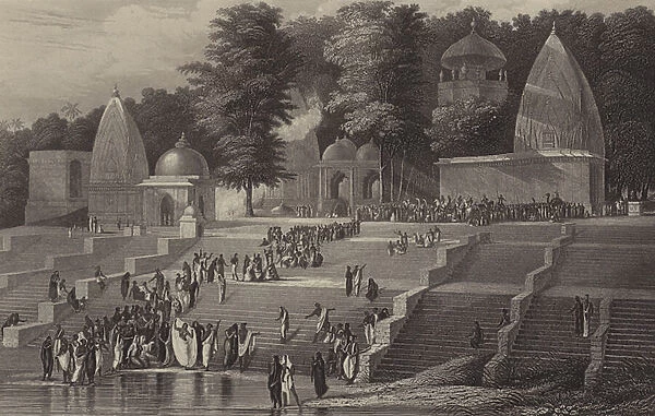 Sutteeism on the banks of the Ganges - preparing for the immolation of a Hindu widow (engraving)