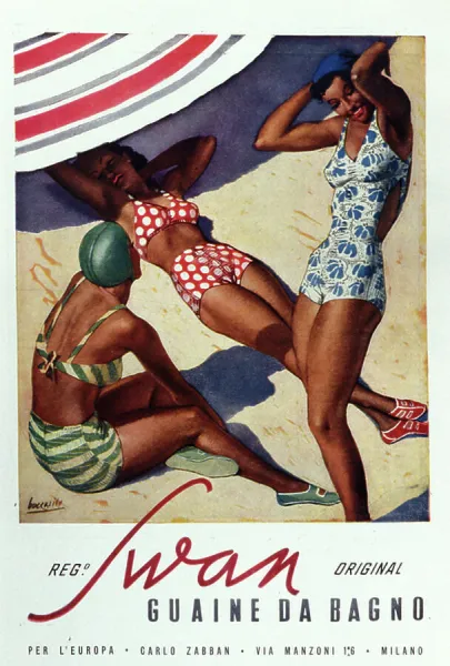 Swan poster for swimwear, three young women in swimsuit (one in bikini) with tanned skin sunbathe on a beach. Illustration of Gino Boccasile (1901-1952)DR