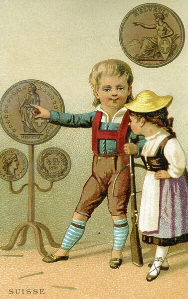 Swiss boy and girl admiring a display of Swiss francs, from a series of promotional