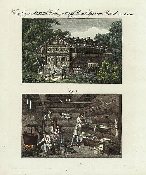 Swiss peasant house in stone and wood and Swiss chalet interior with the inhabitants making cheese, circa 1800. Handcoloured copperplate engraving from Bertuch's '' Bilderbuch fur Kinder'' (Picture Book for Children), Weimar, 1807