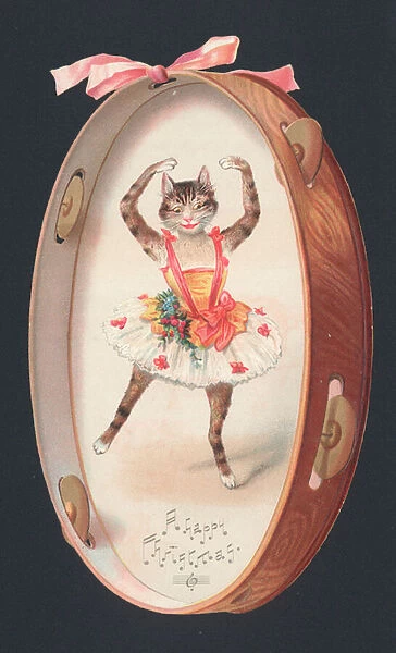 Tambourine decorated with a picture of a ballet dancing cat (chromolitho)