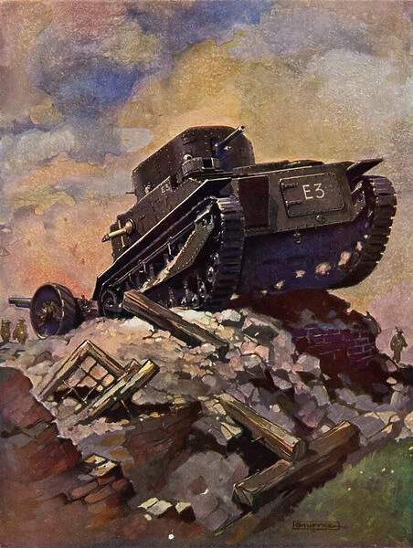 Tank on a battlefield (colour litho)