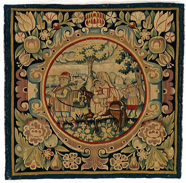 Tapestry cushion cover depicting the Flight into Egypt, made possibly in Sheldon, England, early 17th century (wool)