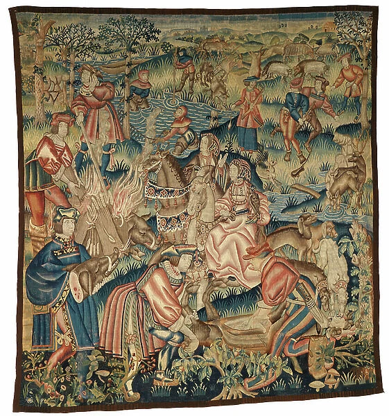 Tapestry depicting Scenes After a Boar Hunt, Fishing etc or Apres la Chasse, possibly from Tournai, 1500-25 (wool)