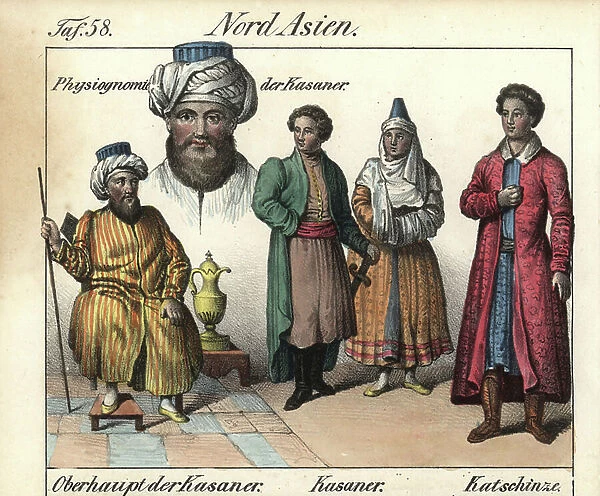 The Tatar leader of the city of Kazan (Russia), with a turban and a long striped dress, a couple from the city and a Kachin man (Burma, Myanmar). Lithography for the book