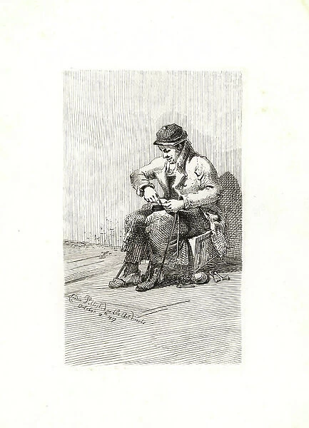 Taylor, a blind cobbler or industrious beggar. Lived at 6 Saffron Hill and worked stands at Whitehall and Tottenham Court Road. Copperplate etching drawn and engraved by John Thomas Smith from his Vagabondiana