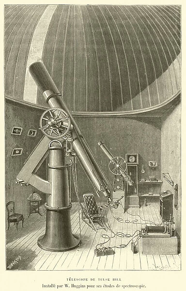 Telescope de Tulse Hill, Installe par W Huggins pour ses etudes de spectroscopie (engraving)