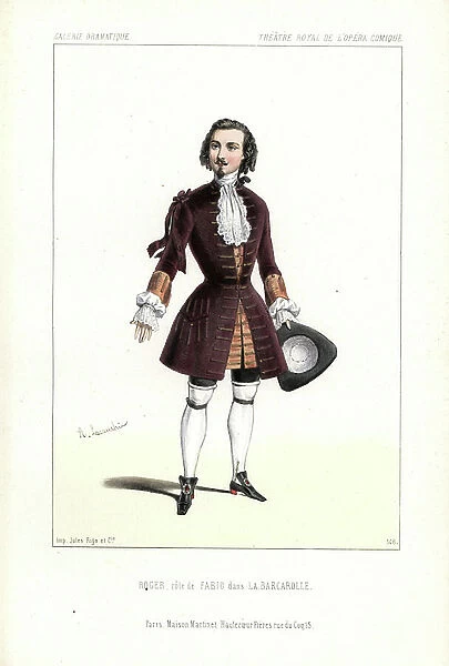 Tenor singer Gustave-Hippolyte Roger in the role of Fabio in Daniel Auber's La Barcarolle, Opera Comique, 1845. Handcoloured lithograph after an illustration by Alexandre Lacauchie from Victor Dollet's Galerie Dramatique