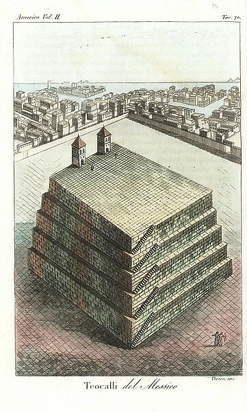 Teocalli temple pyramid of the Aztecs, Mexico city. Handcoloured copperplate engraving by Verico from Giulio Ferrario's Ancient and Modern Costumes of all the Peoples of the World, 1843