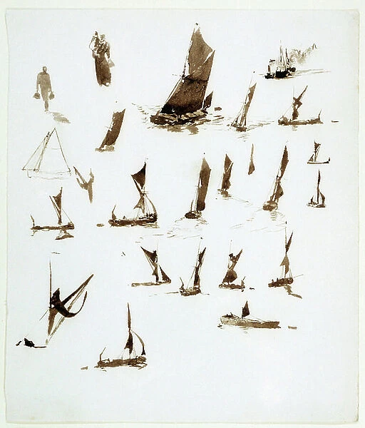 Thames houseboats studies (England). Gouache taken from a notebook, circa 1890, by William Lionel Wyllie (1851-1931)