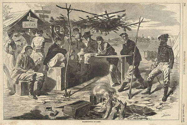 Thanksgiving in Camp from Harpers Weekly, pub. 1862 (engraving)