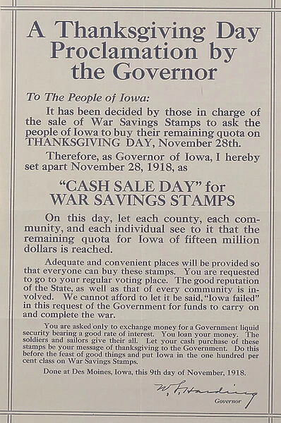 A Thanksgiving Day proclamation by the Governor, 1918 (litho)