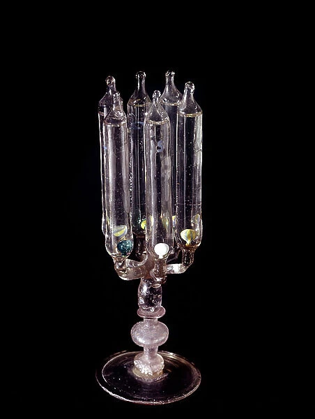 Thermometer of the Accademia del Cimento, consists of 7 bulbs in clusters containing liquid with glass beads of different densities, c.1650 (object)