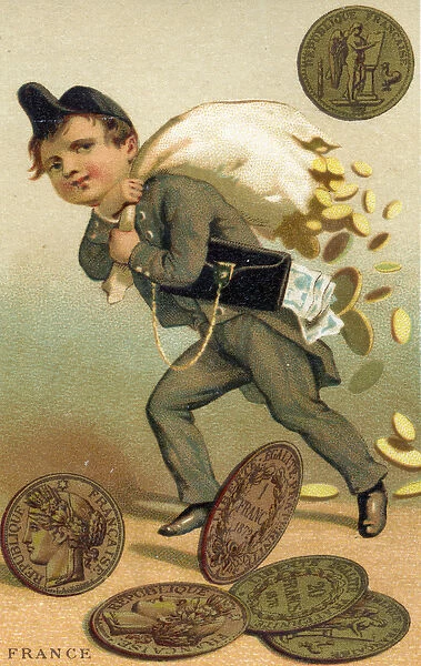 Thief escaping with a sack of French francs and banknotes
