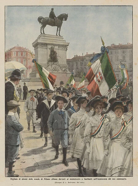 Thousands of pupils from schools in Milan parade in front of the monument to Garibaldi in the imminence... (colour litho)