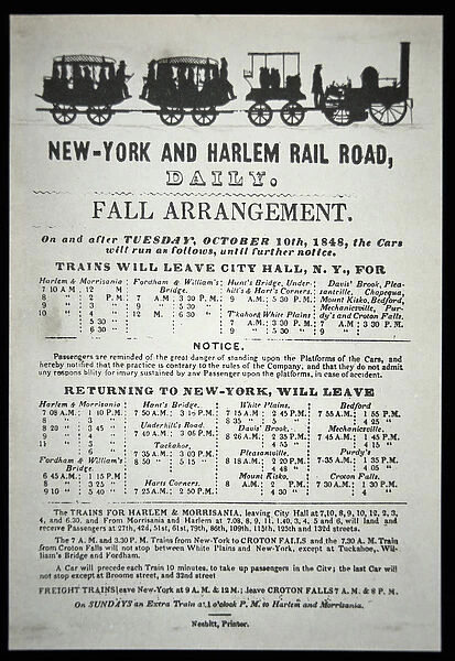 Timetable for the New York and Harlem Rail Road, 1848 (litho)