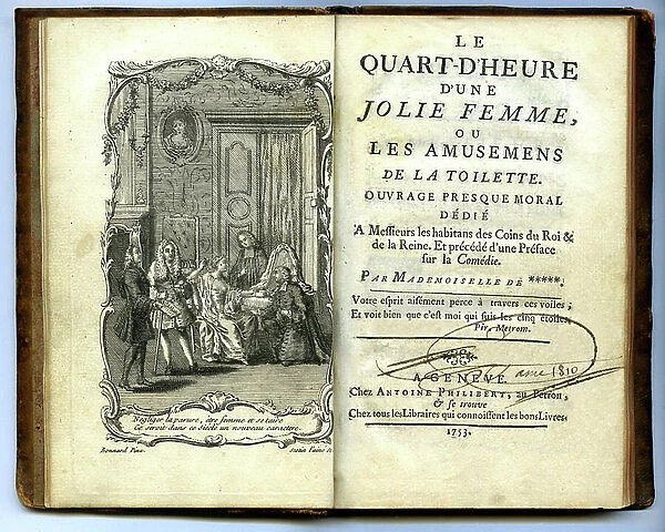 Title page and frontispiece of the book ' Le Quart d'heure d'une jolie femme, ou les amusements de la toilette, ouvrage presque moral', Geneve, chez Antoine Philibert