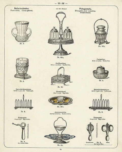 Toast rack, egg dish, sardine box, caviar box, pickle frame, etc. Lithograph from a catalog of metal products manufactured by Wuerttemberg Metalware Factory, Geislingen, Germany, 1896