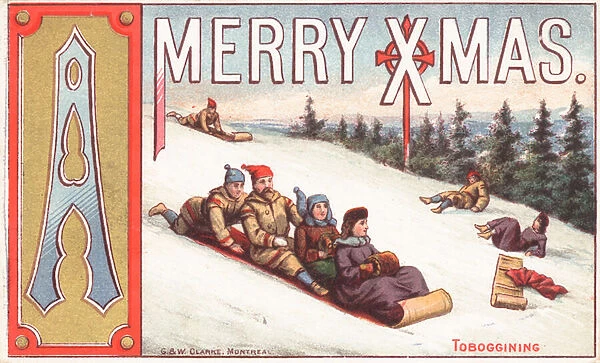 Toboggining, Christmas Card (chromolitho)