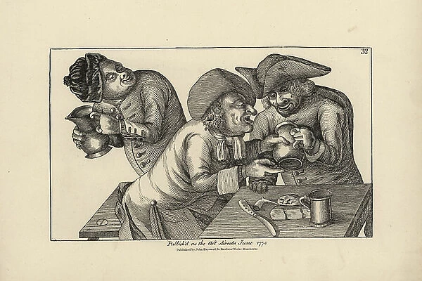 Toby stealing a jug of ale from Hodge and Roaf and leaving a pot of piss in its place. Copperplate engraving after a satirical illustration by Timothy Bobbin (John Collier) (1708-1786) from Human Passions Delineated, John Haywood, Manchester, 1773
