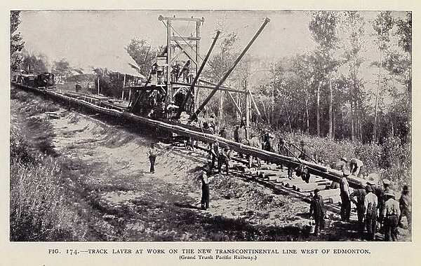Track layer at work on the new transcontinental line west of Edmonton, Grand Trunk Pacific Railway (b / w photo)