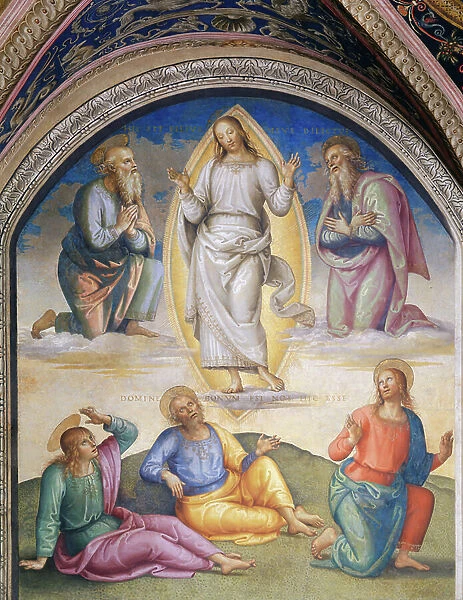 The transfiguration: Christ vested in white is surrounded by Moses and Elijah, below the apostle John, Peter and James, 1496-1500 (fresco)