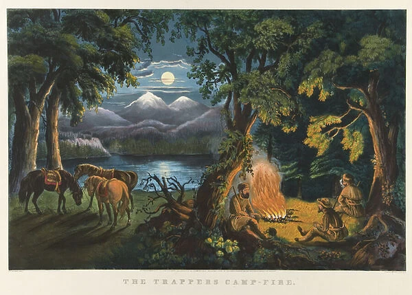 The Trappers Camp-Fire, 1866 (colour lithograph)