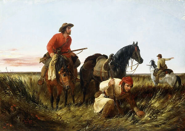 Trappers Following the Trail: At Fault, 1851 (oil on canvas)