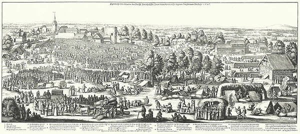 Travellers visiting the healing springs in the village of Hornhausen, 1646 (engraving)