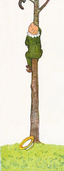 Up a tree - grimper a l arbre, un garcon se hisse le long d un tronc - Extrait de Afternoon Tea : Rhymes for children - Livre de poemes pour enfants, Frederick Warne & Co, libraire-editeur, Londres