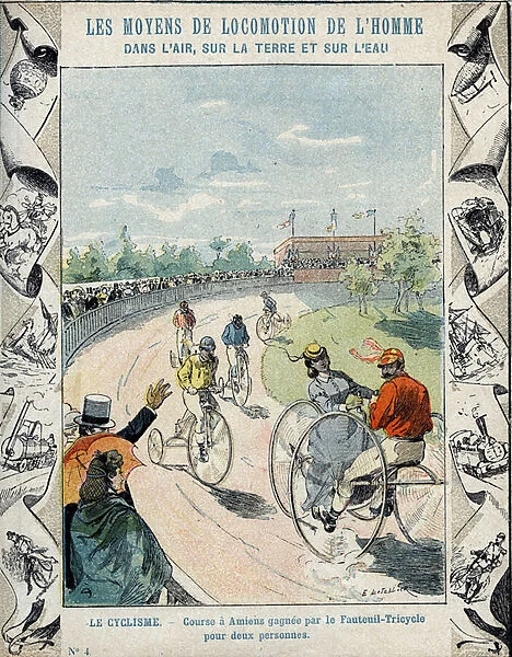 Tricycle wheelchair in Amiens, France, 1869 - From a protective sleeve for school books