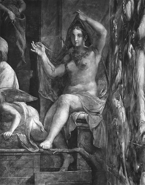 Truth, one of the two Virtues surrounding Pope St. Leo I the Great (c. 390-461) Raphael Rooms (fresco) (detail) (b  /  w photo) (see also 252779 and 252780)