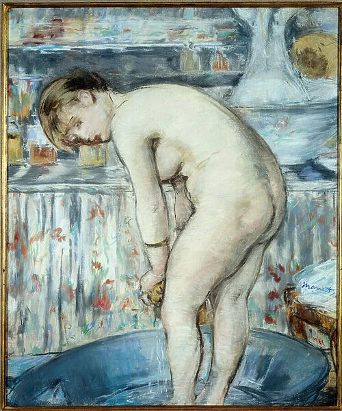 The tub or Woman in a tub. A woman with her feet in a basin makes her toilet