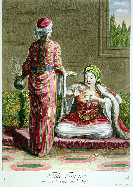 Turkish girl having coffee on the sofa, from the Collection of Prints of Costumes