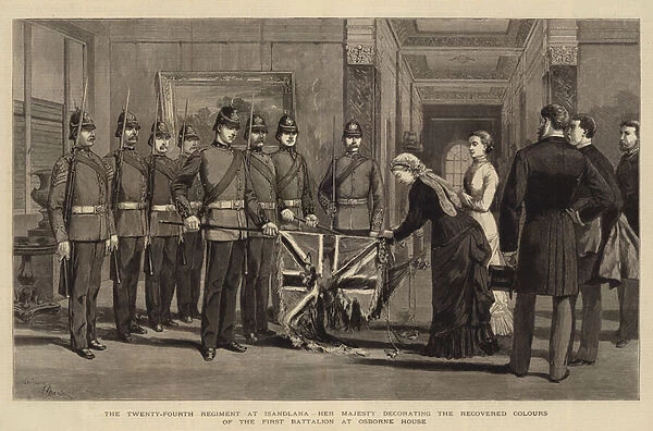 The Twenty-Fourth Regiment at Isandlana, Her Majesty decorating the Recovered Colours of the First Battalion at Osborne House (engraving)