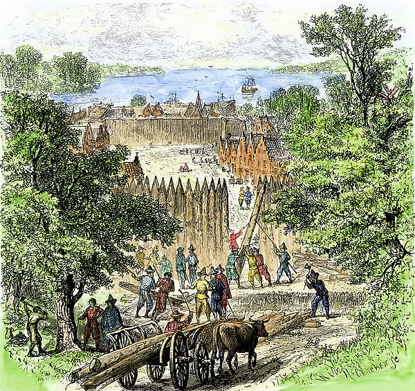 United States, New York: Dutch settlers emulate the perimeter to build buildings protected by palisades. This place later became the neighborhood of Wall Street on the island of Manhattan years 1650. Colour engraving of the 19th century